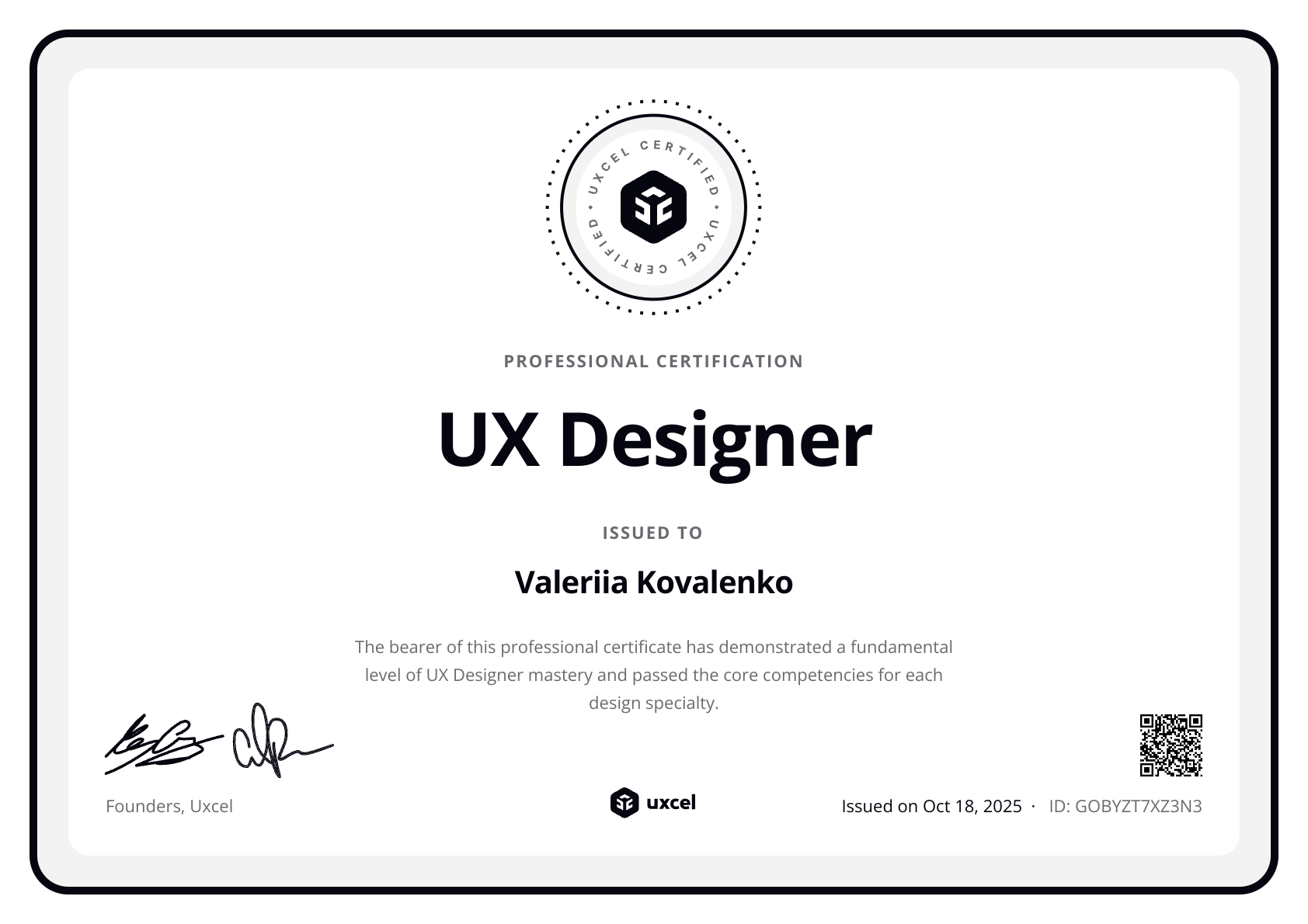 Valeriia Kovalenko's certificate